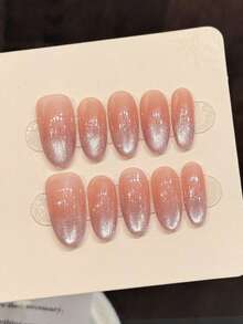10片手工椭圆形亚克力美甲贴片，长款柔粉色美甲，闪亮猫眼，闪粉点缀，简约时尚优雅，适合春季、夏季、节日、派对、日常、约会、海滩、热带度假等场合，DIY美甲，适合女性和女孩作为礼物，手工美甲贴片 - 粉色 - 查看 11