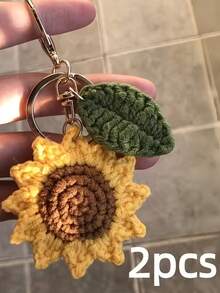 1pc/2pcs Crochet Sunflower Keychain Cute Key Ring Purse Bag Backpack Car Charm Earbud Case Accessory Women Gift - Multicolor - View 9