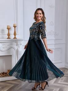 JINLICX Falda plisada con decoración de perlas y escote en V azul zafiro talla grande - azul real - Ver 3