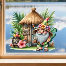 Autocollants de fenêtre thème été avec un gnome debout devant une maison de plage. Parfaits pour décorer les surfaces vitrées et les réfrigérateurs. Ces autocollants de fenêtre sont idéaux pour la maison, le bureau et les fournitures de fête - A - Voir 4