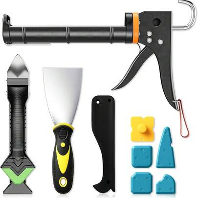 Professional Caulk Gun Kit With Caulk Remover Tool & Putty Knife - 5 In 1 Caulking Tool Set For Caulking Removal, Shower & Bathroom Caulk, Includes Caulking Gun Tool, Caulk Scraper Tool Spackle Knife