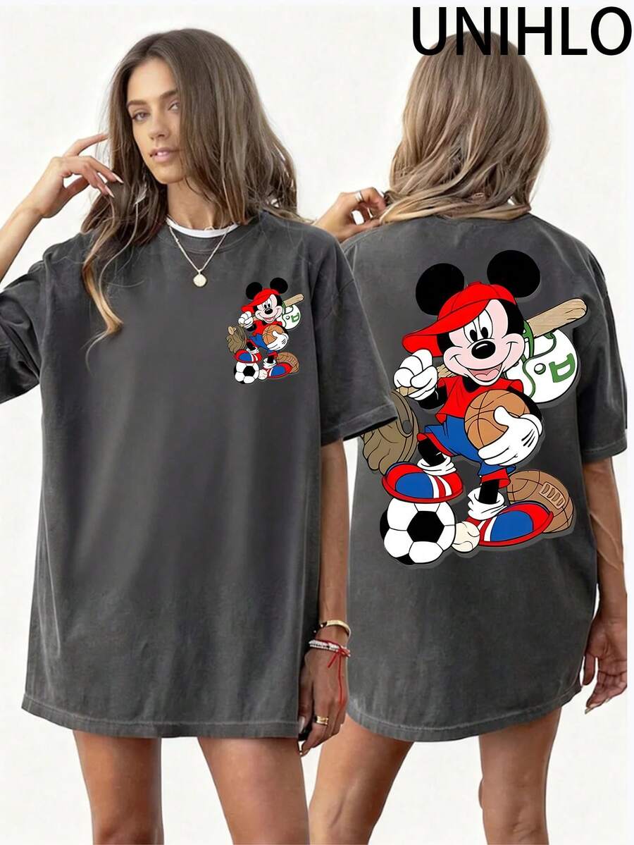 Disney UNIHLO  Mickey  Printed Summer Heavyweight Retro Washed Street Fashion Casual T-Shirt - 黑色 - 查看 1