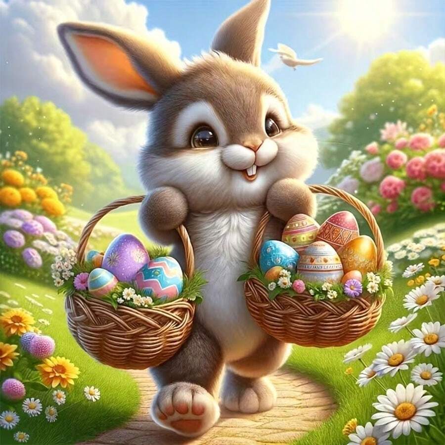 Bộ tranh đính đá 5D tự làm, chủ đề Thỏ Phục Sinh và Trứng, tranh khảm đá acrylic hình tròn, đồ trang trí nhà cửa thủ công, quà tặng Phục Sinh và sinh nhật.