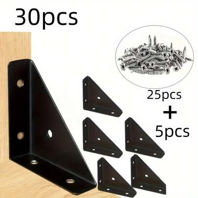 30pcs Heavy Duty L-Shaped Iron Angle Brackets, 5pcs + 25pcs Screws - 1.3mm Thick 90 Degree Angle Supports, Suitable For Furniture, Shelves, Cabinets, Desks - Metal Brackets For Sturdy Home And Office Repairs