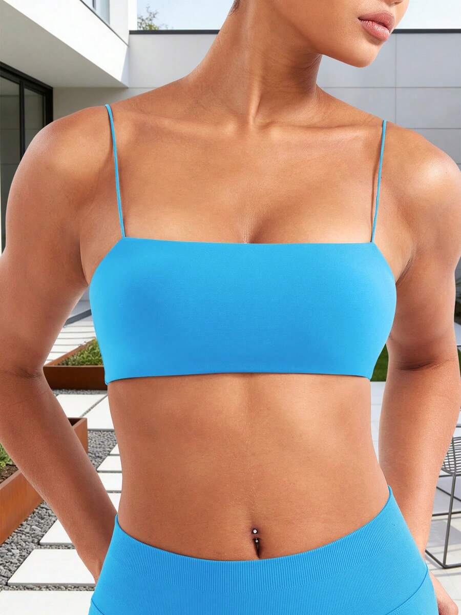 VOYJOY Women Spaghetti Strap Sports Bra Padded Low Support Seamless Impact Cami Square Neck Workout Yoga Bra Crop Top - Xanh băng hà - Xem 1