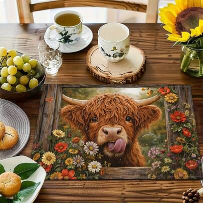 1pc Simple Style High Cattle Pattern Placemat, Breakfast Mat, Kitchen Accessory, Linen-Like Washable Placemat, Suitable For Home, Dining Room, Dining Table Decor