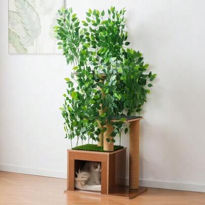 158cm Tall Tree-Shaped Cat Tree With 3 Platforms And A Cat Cave - Made With Pet- Materials, Removable Leaves And Water And Scratch Resistant MDF - Ideal For Cats Who Love To Hide And Climb