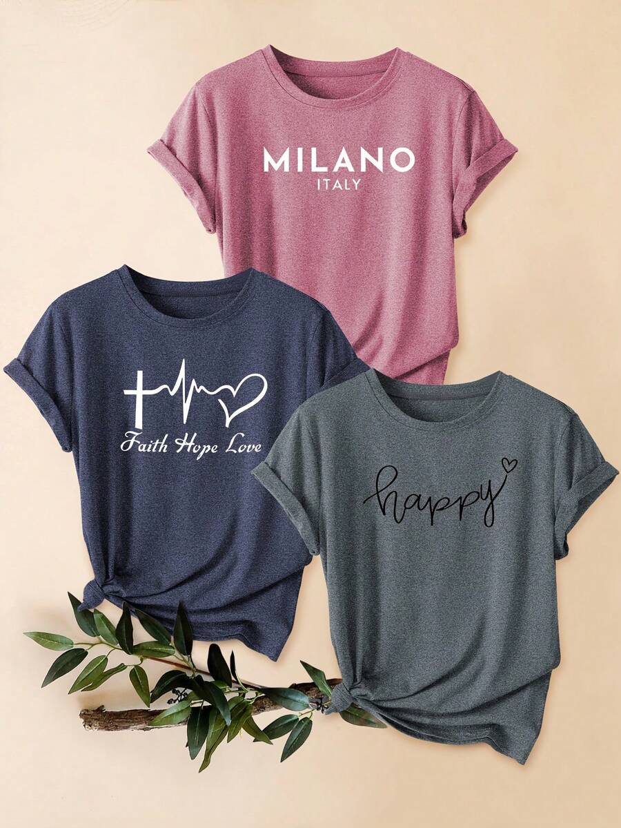 Three-Pack Vintage Style Women's Casual Sporty Round Neck Short Sleeve T-Shirts With "Truth, Joy, And Faith" Print, Available In Multiple Colors And Sizes S-XXL For Spring, Autumn, And Winter - 玫紅+藏藍+深灰 - 查看 1