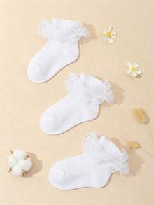 3 Pairs Girls' Sweet Cute Solid Ruffled Trim White Ankle Socks - White - View 6
