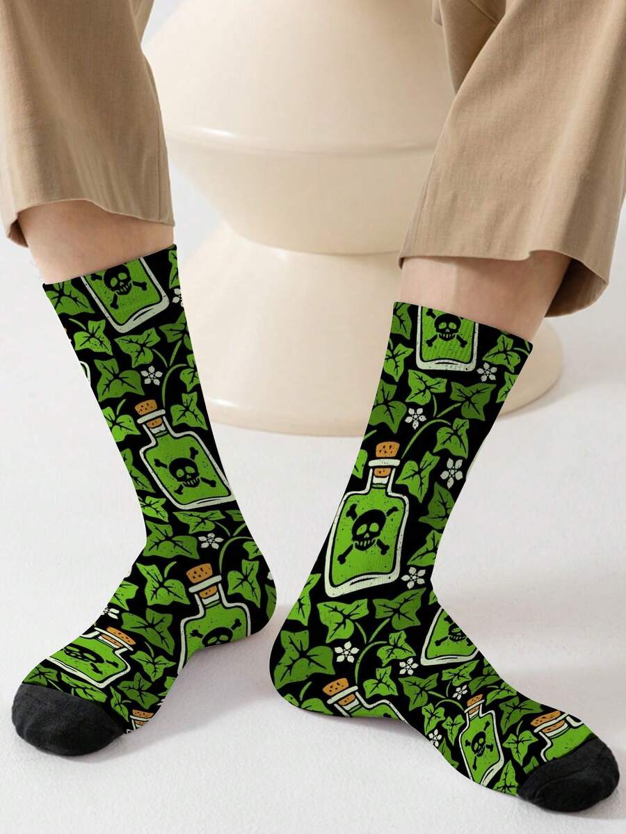 1 Pair 360 Men's Socks – Fun All-Over Print Featuring Bottle, Skull, Leaves,Soft, Comfortable, And Highly Elastic, These Fashionable Casual Streetwear Hip-Hop 360 Socks Are Perfect As Compression Gear, Valentine's Day Socks, Or Loose Maternity Socks. - Multicolor - View 1