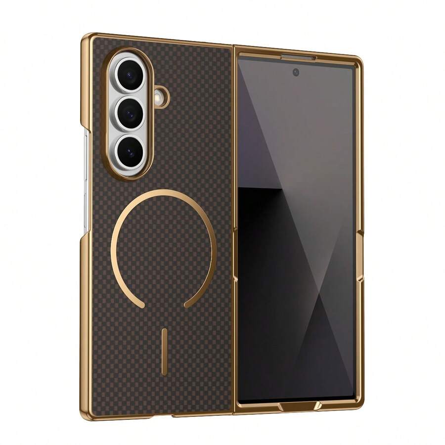 VIETAO 電鍍邊框碳纖維紋理磁吸手機殼,適用於 Galaxy Z Fold 8 Ultra 7 6 5 4 保護殼 - 棕色 - 查看 1