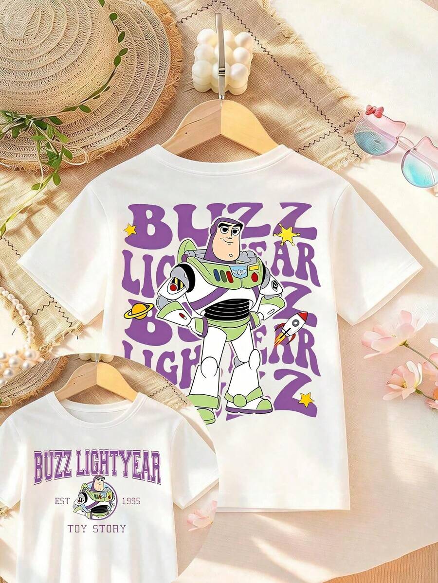 Double Sided Disney Toy Story Pattern, With Buzz Lightyear Purple Lettered Back T-Shirt Printed On The Back. Summer Girls And Boys Round Neck Short Sleeved Shirt, Suitable For Daily Wear, Vacation, Outdoor Activities, And Can Also Be Used As A Children's Gift. - 白色 - 查看 1