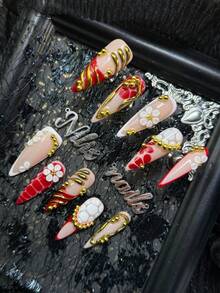10pcs Stiletto Acrylic Nail Kit, Red Nails, Red French Style, White&Red Tie Dye, 3D White Three-Dimensional Flowers, Asymmetric Flowing Lines, And Beads As Nail Accessories, Y2K Style Nail Art Set, Very Suitable For Women And Girls To Attend Theme Parties&Party&Ceremonies&Festival Use (Including One Piece Of Jelly Glue And One Friction Strip) Nail Stuff - Red - View 3