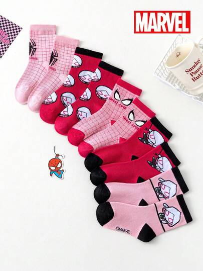  5 Pairs Marvel Superhero Socks, Spider-Man & Gwen Stacy Cartoon Mid-Calf Socks For Kids, Spring/Summer