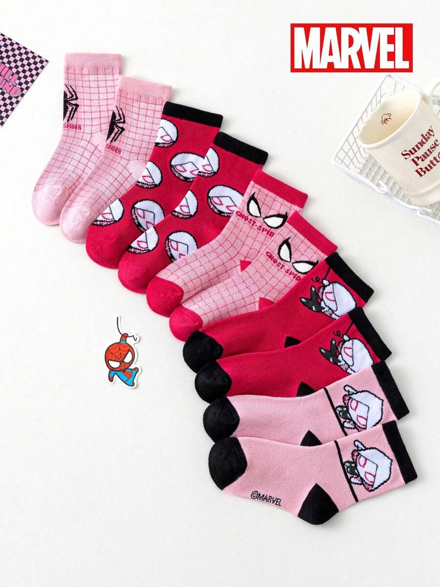 5 Pairs Marvel Superhero Socks, Spider-Man & Gwen Stacy Cartoon Mid-Calf Socks For Kids, Spring/Summer - Multicolor - View 1