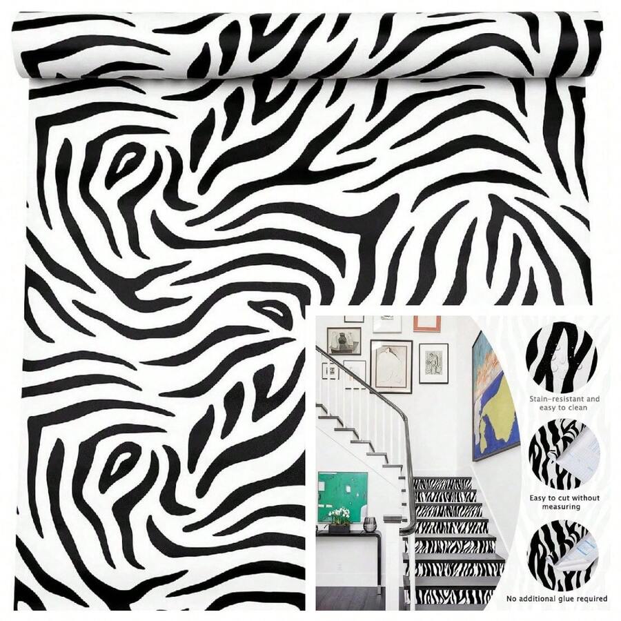1卷动物纹乙烯基壁纸，防水可移除自粘壁纸，适用于卧室、浴室、厨房、墙面、家具、橱柜、DIY装饰，尺寸为17.7英寸 x 39.3英寸/118.1英寸/196.8英寸，斑马纹