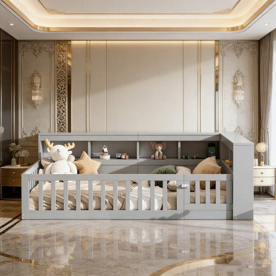 Kids Bed Frames, Headboards & Footboards - Gray + Particle Board + 90cm*200cm - View 1