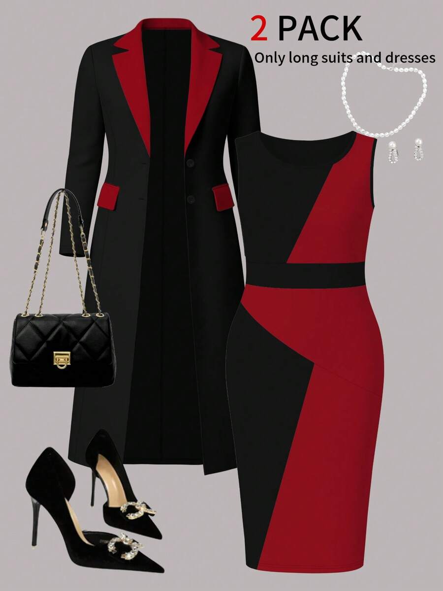 Autumn/Winter Plus Size Women's New Elegant 2 Pieces Set, Colorblock Long Sleeve Open Front Blazer Jacket + Versatile Slim Fit Midi Sleeveless Dress - Red and Black - View 1