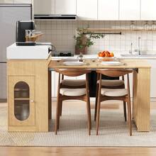 Kitchen Island On Wheels, Extendable Dining Table With Folding Top, Bar Table With Power Strips And Hooks, Serves As A Kitchen Island, Buffet Or Bar Table For The Kitchen And Dining Room (Natural) - Natural Color + Medium Density Fiberboard + Glass - View 4