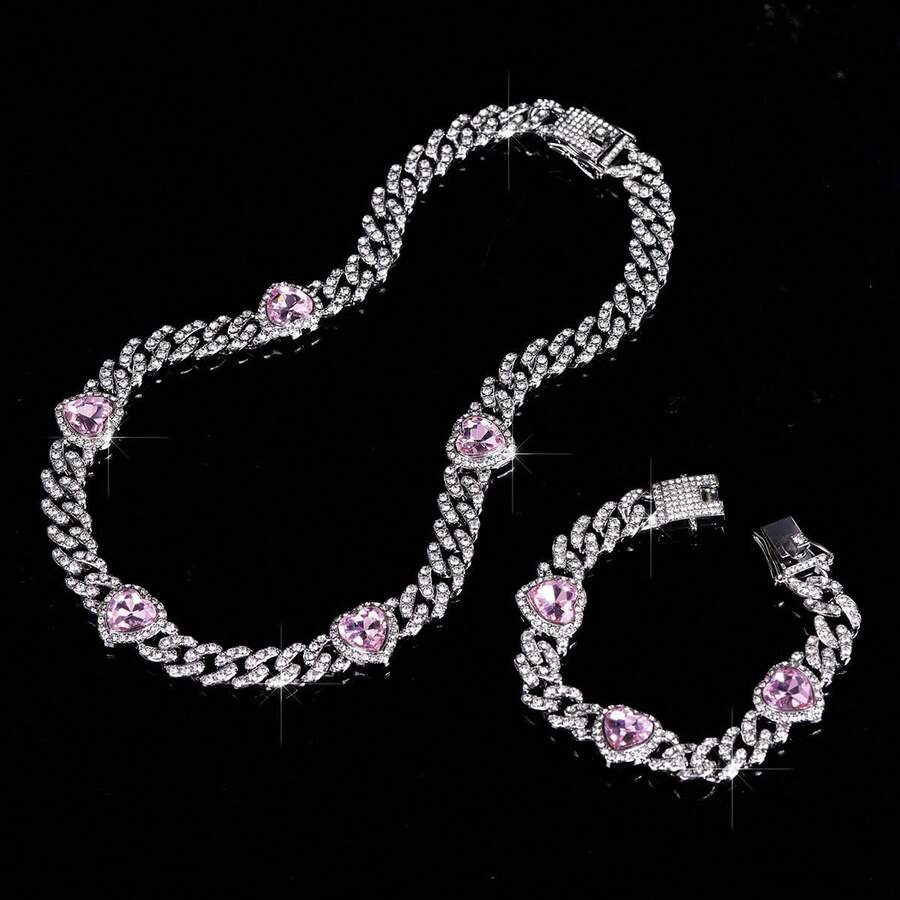 一套女士粉白水钻心形项链和手链，朋克嘻哈风格链条，适合作为珠宝礼物和派对配饰 - 愛心 - 查看 1