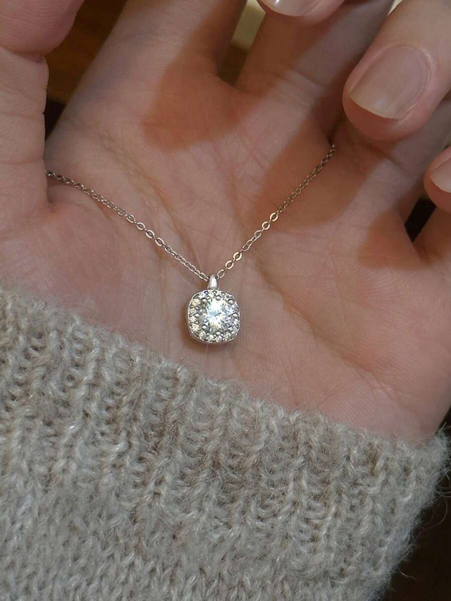 S925纯银方形糖果项链，镶嵌锆石，优雅女士日常、派对、旅行、生日、节日礼盒装，四季皆宜。 - 銀色 - 查看 1