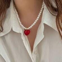 1条时尚简约玻璃珠项链，配ABS塑料心形吊坠，适合作为礼物或日常佩戴 - 愛心吊墜項鍊 - 查看 4