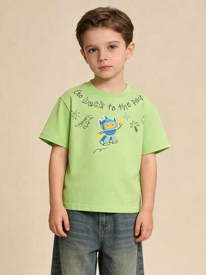 Balabala Dinosaur & Robot Pattern Children Cotton Short Sleeve T-Shirt, Casual Wear