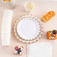 White Rimmed Disposable Tableware Set, Including 7/9 Inch Paper Plates, Paper Cups, Paper Napkins, Suitable For Birthday Parties, Festivals, Gatherings, Picnics, Celebration Events, Wedding Tea Parties, Graduation Ceremonies - White - View 4