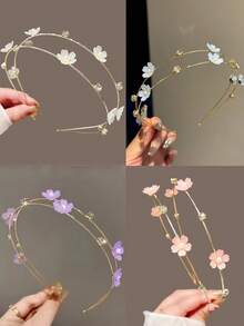 1pc Girl's Rhinestone & Pearl Flower Metal Double-Layer Thin Headband, Elegant Versatile Fashion Hair Accessory - Multicolor - View 2