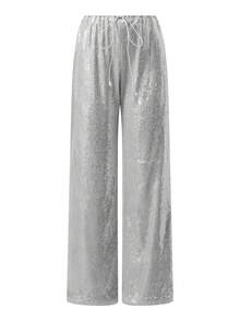 Women's Sparkle Sequin Pants Lightweight Elastic Waist Wide Leg Loose Pants Trousers - Plateado - Ver 2