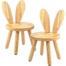 Rustic Solid Wood Bunny Stool, Lightweight Portable Round Seat With Unique Ear Back, Versatile Accent Chair Side Table For Indoor Living Room Bedroom Use - 2 Pcs - View 1