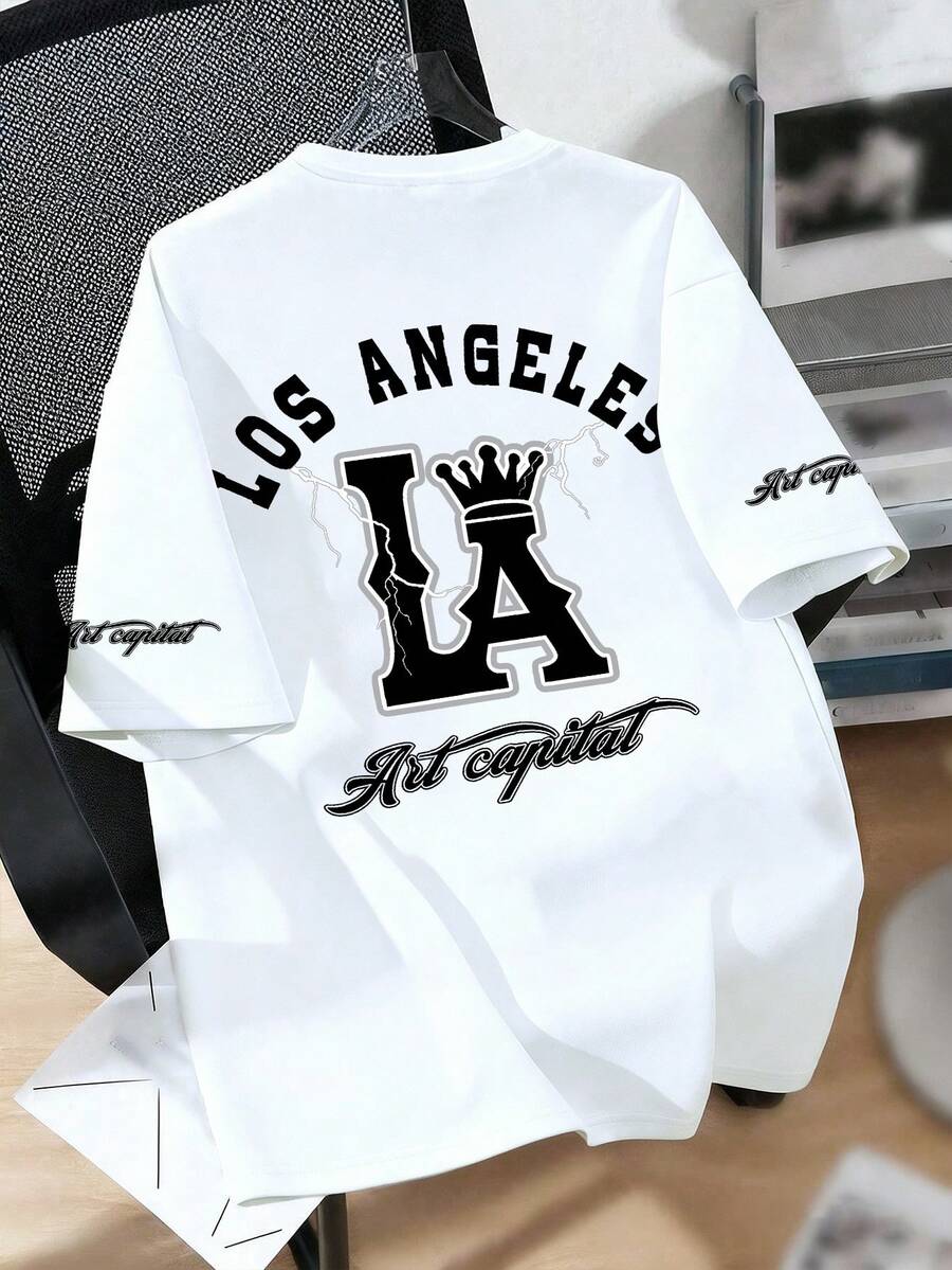 Áo thun cổ tròn in họa tiết LA dành cho thiếu niên, kiểu dáng thoải mái và mềm mại cho mùa hè. - trắng - Xem 1
