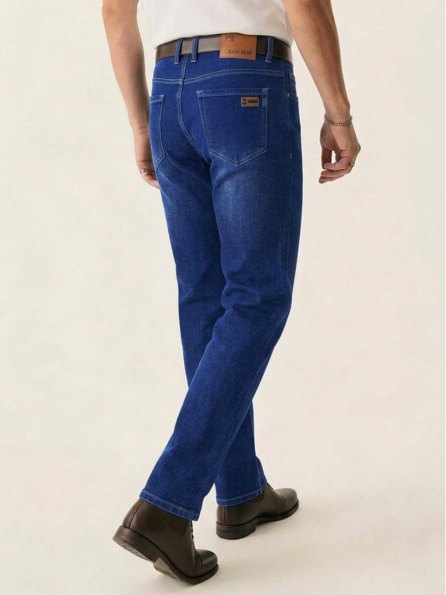 Men's Stretch Slim Straight Business Casual Jeans, Slant Pocket Design, Versatile For Daily Wear - Blue - View 1