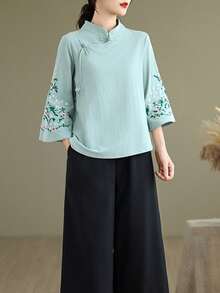 LUCIDVUE 1 chiếc áo kiểu Trung Quốc thêu dành cho nữ, trang phục mùa xuân/hè, họa tiết thêu tinh xảo kiểu Trung Quốc cổ điển, cổ tàu, cài cúc phía trước, áo sơ mi vải lanh, tay áo loe thanh lịch, kiểu Hanfu cải tiến, thích hợp cho tiệc trà, kỳ nghỉ. - Màu xanh bạc hà - Xem 7