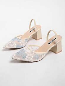 Dép bít mũi cao gót màu trắng kiểu Trung Quốc mới, mũi nhọn, thêu ren, có thể tháo rời, dành cho nữ. - Màu xanh lam - Xem 2