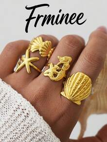 Frminee Bộ 4 nhẫn/1 nhẫn thép không gỉ mạ vàng hình sao biển và vỏ sò, kiểu dáng nàng tiên cá, vỏ sò và điệp khúc, có thể xếp chồng lên nhau, chống thấm nước, phong cách Boho, quà tặng trang sức du lịch nghỉ dưỡng dành cho nữ. - Vàng - Xem 11