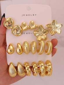 6/18件男士纯金耳环套装，包含花朵、圆形扭纹、心形、水滴形、编织形、多种C形设计，低过敏性厚金耳环，时尚优雅，适合日常佩戴、派对和送礼。 - 金色 - 查看 1