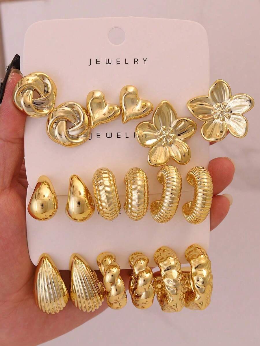 6/18件男士纯金耳环套装，包含花朵、圆形扭纹、心形、水滴形、编织形、多种C形设计，低过敏性厚金耳环，时尚优雅，适合日常佩戴、派对和送礼。 - 金色 - 查看 1