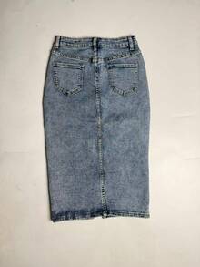 Chân váy denim midi nữ thanh lịch, kiểu dáng thường ngày, xẻ tà phía trước, chất liệu vải co giãn vừa phải. - Màu xanh lam - Xem 4