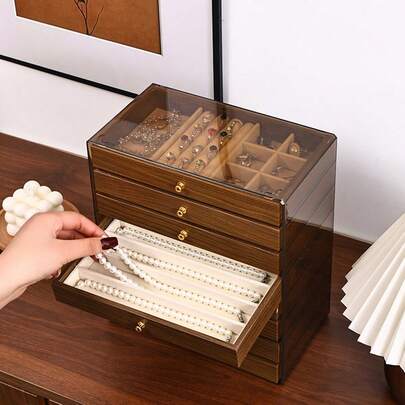 1个抽屉式首饰盒，8层大容量多功能首饰收纳盒，天鹅绒内衬防刮，抽屉式设计方便取用，适合收纳耳环、手镯、手表、项链、戒指、钥匙、饰品等，节日礼物，送给朋友的优雅礼物