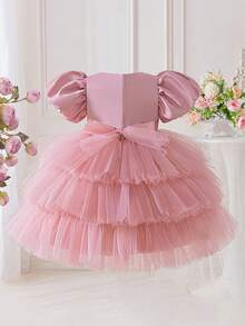 女童泡泡袖亮片蝴蝶结多层薄纱缎面优雅生日派对礼服，适合花童、婚礼、正式场合，不含头饰 - 藕粉色 - 查看 3