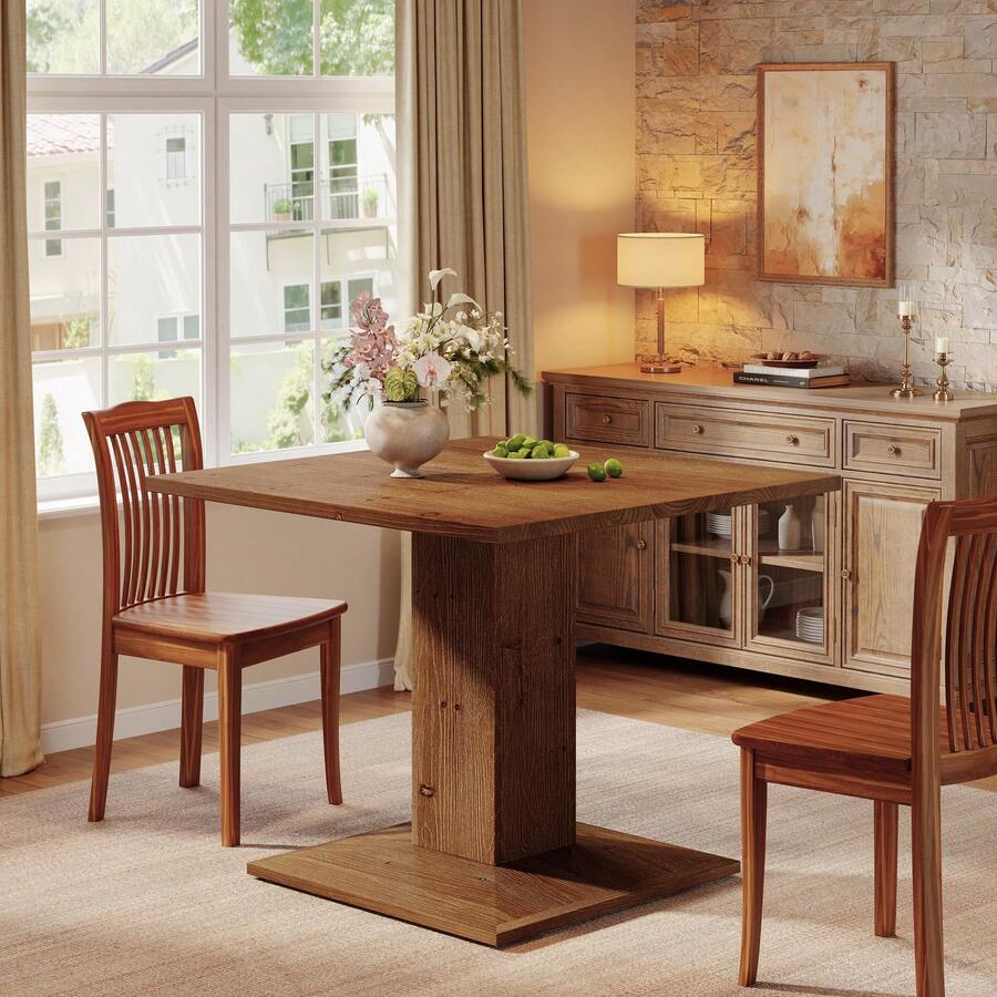 LITTLE TREE 31.5" Solid Wood Square Dining Table For 4, Rustic Small Kitchen Table With Sturdy Pedestal Base, Walnut - Light Brown - View 1
