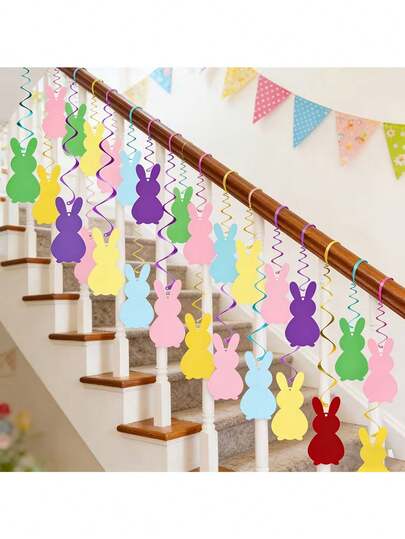 6pcs/Set Colorful Paper Rabbit Hanging Decor, Easter Spiral Ornaments, Bunny Combination Set, Suitable For Dining Table, Party, Birthday, DIY Scene Decoration