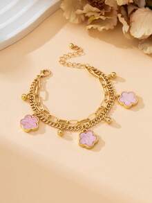 1件夏季度假系列经典时尚优雅百搭波西米亚风粉色甜美四叶草金球吊坠女士手链 - 粉色 - 查看 4