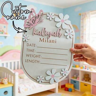 1pc Personalized Wooden Plaque For Baby Names, Customized Baby Name Unveiling Ceremony, Butterfly-Patterned Baby Name Announcement Board, Customized Baby Party Gifts, Baby Room Decoration - Suitable For Decoration, Baby Parties, Display Purposes - Wooden Tabletop Announcement Board
