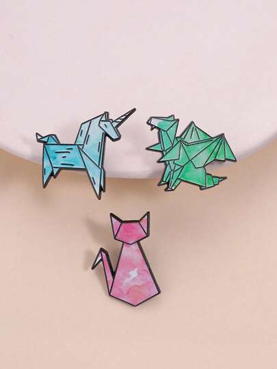 3pcs Cartoon Badges, Origami Fantasy Style, Geometric Line Watercolor Gradient Design, Includes Cat, Unicorn, Dragon Patterns, Suitable For Art Lovers Daily Wear Decoration