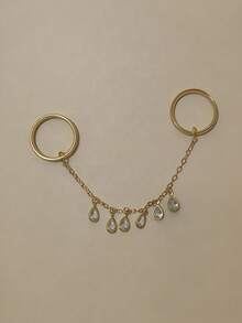 1枚时尚铜质锆石镶嵌全指戒指，配流苏链，女士婚礼派对首饰，婚礼季礼物 - 金色 - 查看 3