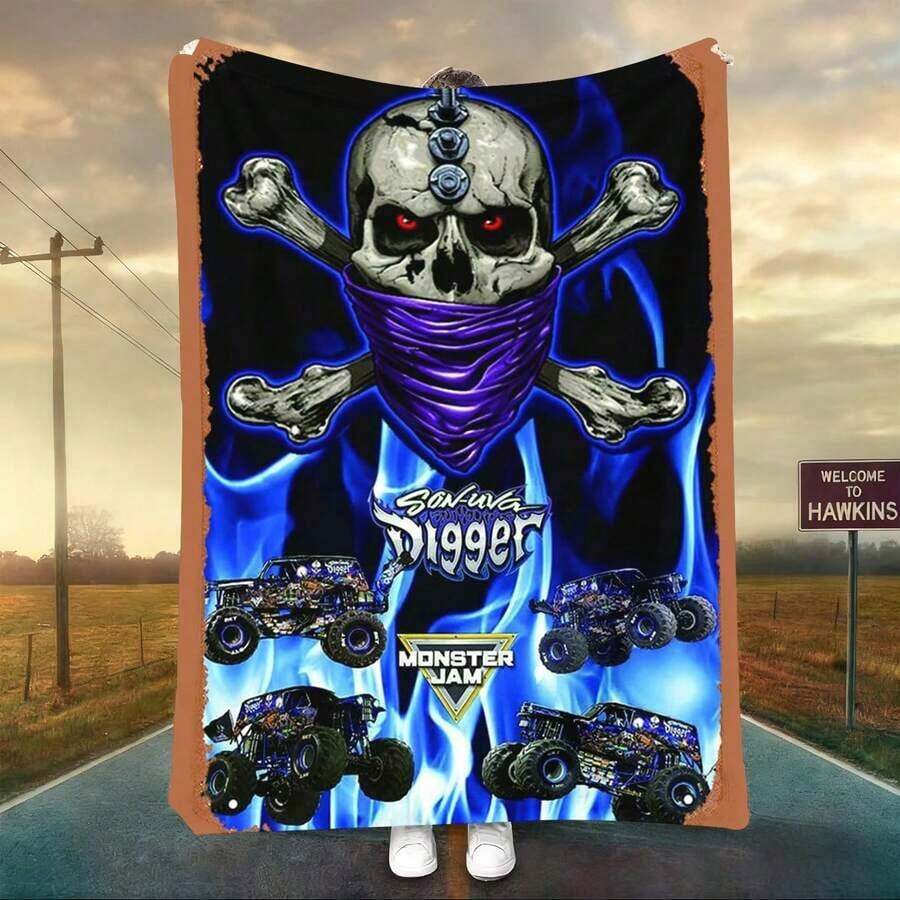 1PC 3D Monster Jam Monster Truck Cartoon Blanket, Edgy Gift For Motorsports Fans, Themed Man Cave Decor, Retro Sci-Fi Party Accent & Race Day Souvenir,Soft Throw Blanket For Home Bedroom Bed Sofa Picnic Travel Office Cover Blanket, Multiple Sizes 50x60 To 60x80 Inches - Nhiều màu 30 - Xem 1