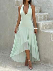 Đầm hở lưng cổ yếm màu trơn gợi cảm dành cho nữ, thích hợp cho mùa hè dự tiệc. - màu xanh lá - Xem 1