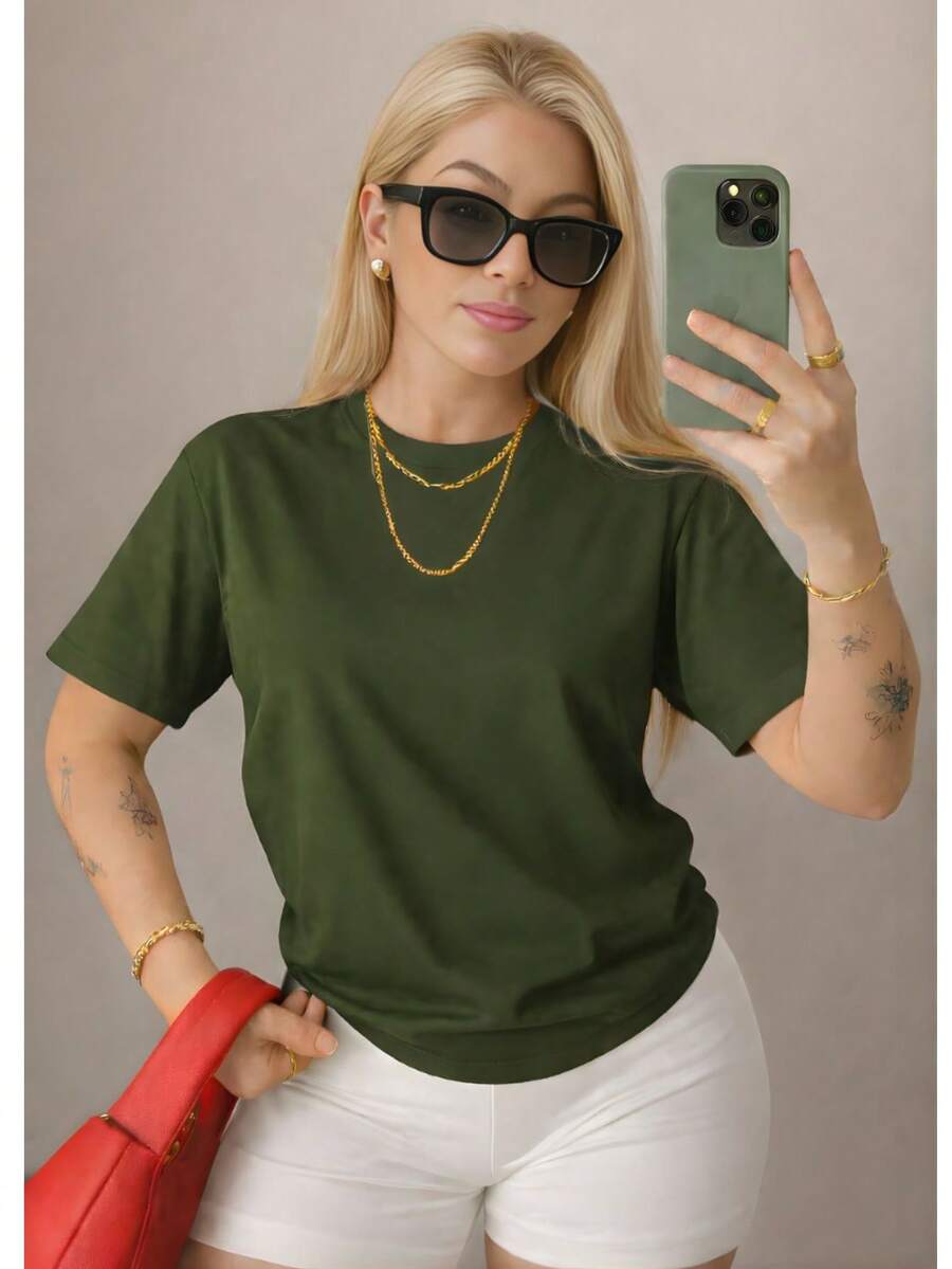 Women's T-Shirt, Short Sleeve, Premium Knit, Casual, Plain, Relaxed, 100% Cotton - 軍綠色 - 查看 1